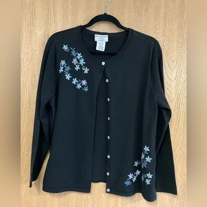 Covington Black Cardigan with Blue Floral Embroidery